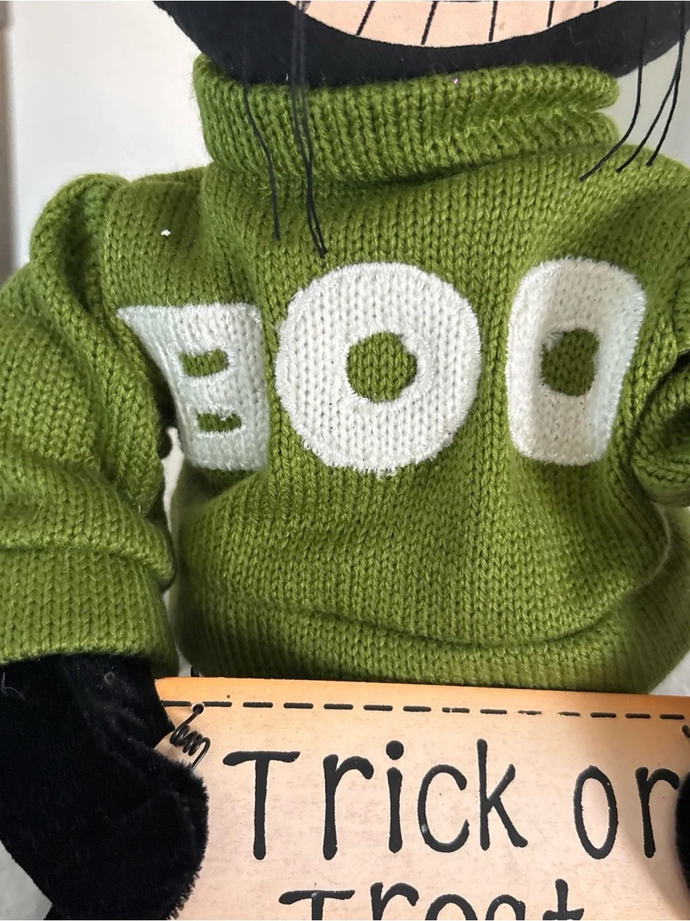 Black Cat Plush with Green 'BOO' Sweater and Orange Socks - Halloween Decor